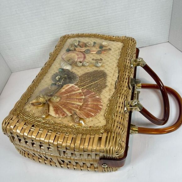 Vintage Atlas Sea Shell Tan Straw Woven Wicker PURSE Pearls Women HANDBAG BAG - Picture 6 of 13